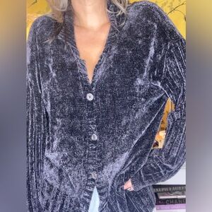 Vintage 90s Duna Made in USA Brown Chenille Oversized Cardigan Sweater Collar M